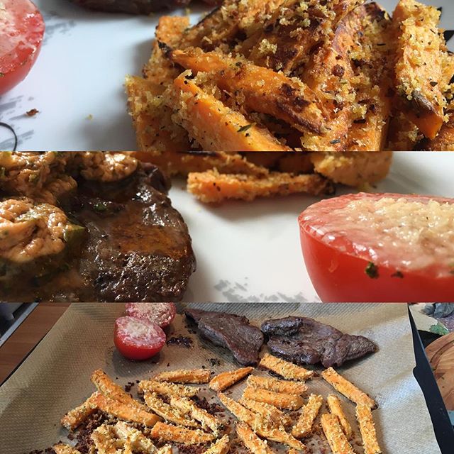 Frisch vom Blech gibt's: Rinderhüftsteak mit Kaffeebutter und Süsskartoffelpommes aus der #hellofresh Box. Ging auch recht fix. #foodporn - via Instagram
